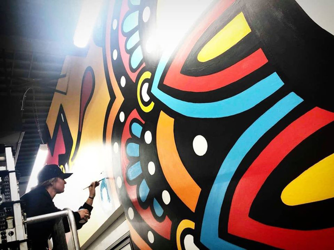 Hand painted large scale mural design. Bright, vibrant colours.